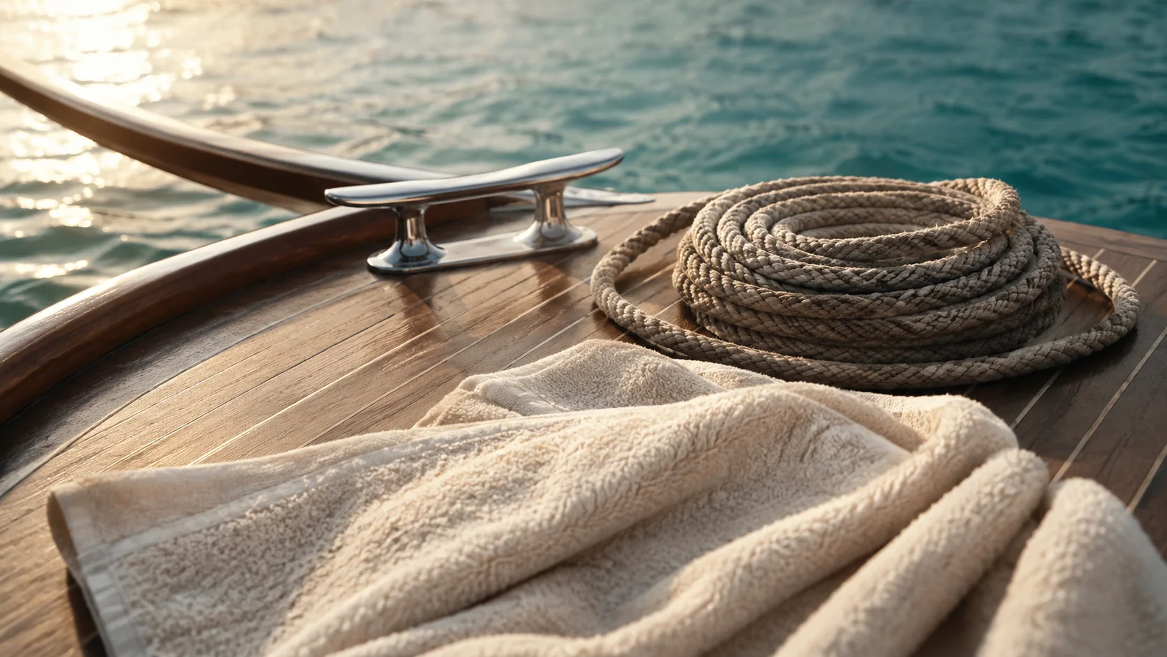 Cordage, taquet et serviette sur le pont d’un bateau au soleil