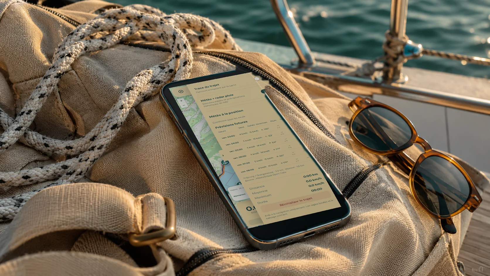 AUA affichée sur un téléphone posé sur un sac de navigation