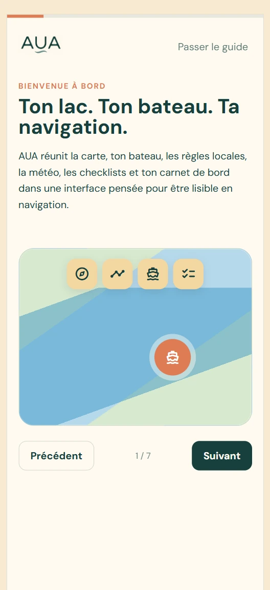Écran de bienvenue du guide AUA